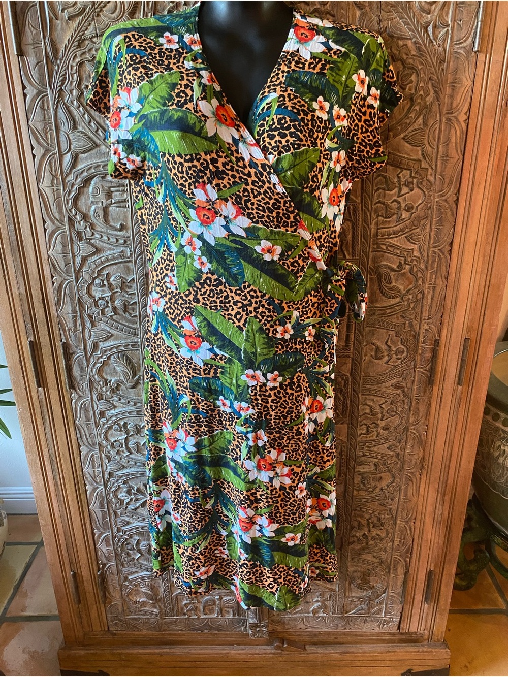 Green Tropical Leaf & Leopard Print Wrap Midi Dress